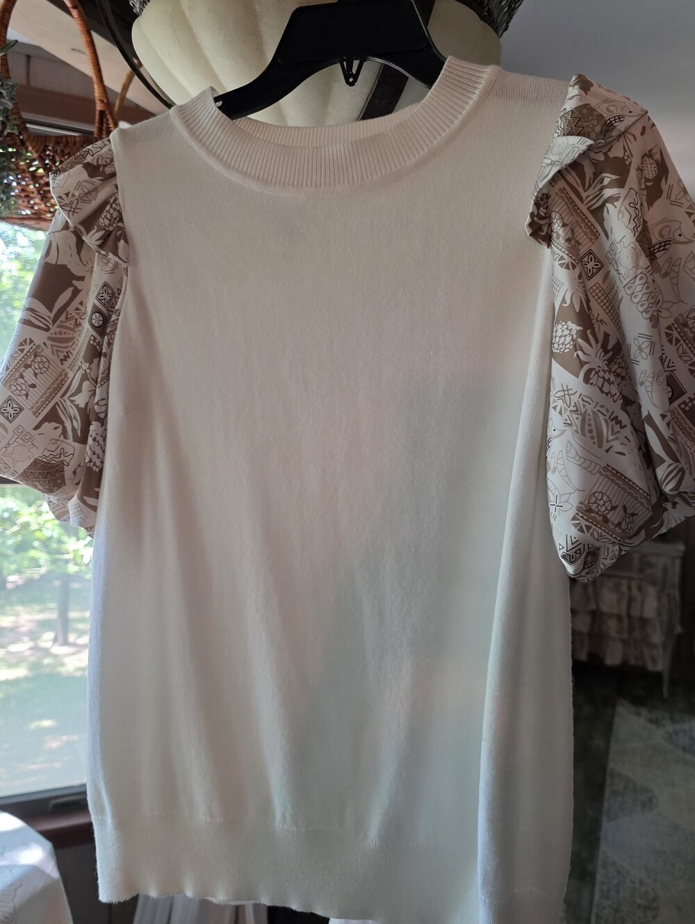 JODIFL Cream Knit Top with Patterned Puff Sleeves